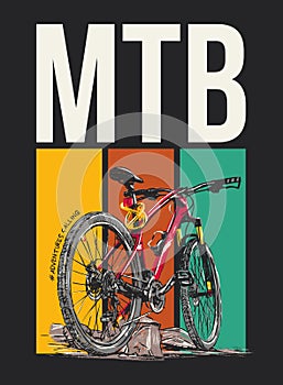 Red mountain bike illustration with tri-colored nature background and MTB text