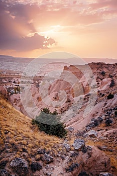 Red mountain valley in Cappadocia landscape