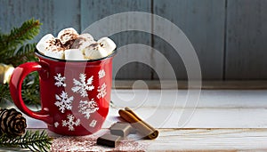 Red Mug with christmas Pattern Filled with Hot Cocoa and Marshmallows Sprinkled with chocola