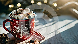 Red Mug with christmas Pattern Filled with Hot Cocoa and Marshmallows Sprinkled with chocola