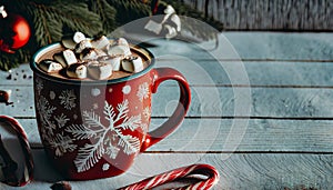 Red Mug with christmas Pattern Filled with Hot Cocoa and Marshmallows Sprinkled with chocola