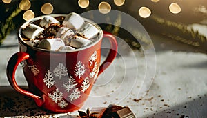 Red Mug with christmas Pattern Filled with Hot Cocoa and Marshmallows Sprinkled with chocola