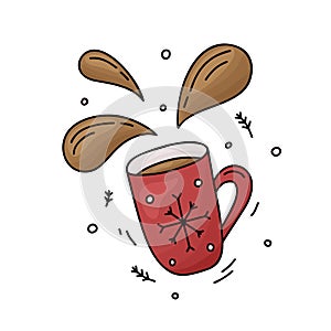 Red mug with hot chocolate, cocoa, tea or coffee. Hand drawn vector concept. Color doodle illustration for card, poster. Cartoon