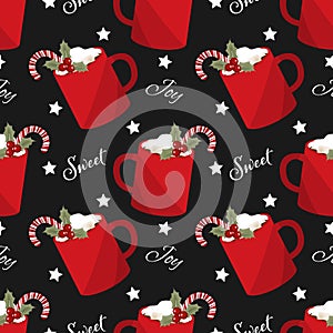 Red mug of hot chocolate with marshmallow and candy canes with holly berries seamless pattern.