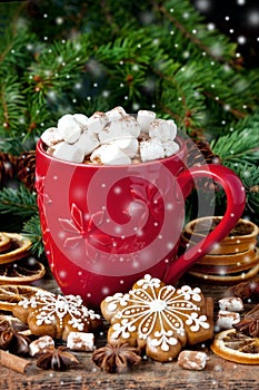 Red mug with hot chocolate and marshmallows