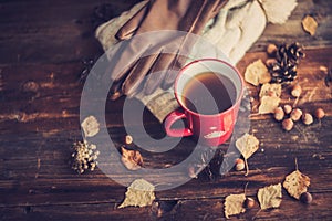 Hands in red knitted gloves holding a hot cup of coffee against yellow leaves background. Concept of autumn time, warmth and cozin