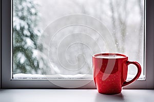 Red Mug on Rainy Window Background, Red Cup, Windowsill Background, Generative AI Illustration