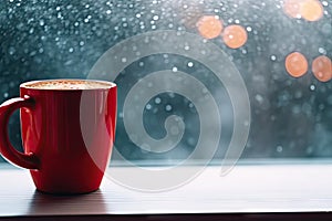Red Mug on Rainy Window Background, Red Cup, Windowsill Background, Generative AI Illustration