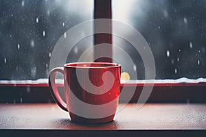 Red Mug on Rainy Window Background, Red Cup, Windowsill Background, Generative AI Illustration