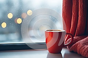 Red Mug on Rainy Window Background, Red Cup, Windowsill Background, Generative AI Illustration