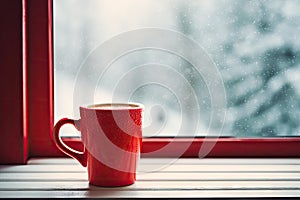 Red Mug on Rainy Window Background, Red Cup, Windowsill Background, Generative AI Illustration