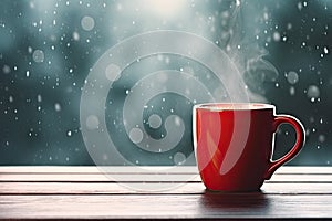 Red Mug on Rainy Window Background, Red Cup, Windowsill Background, Generative AI Illustration