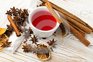 Red mulled wine with spices and dried fruits