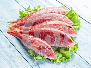 Red mullets on the wooden board.