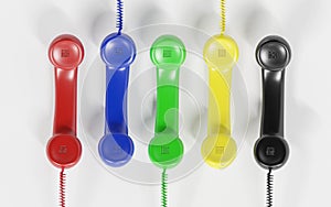 Red and multi-coloured telephone receiver concept for on the phone, customer service, on hold or contact us 3d render