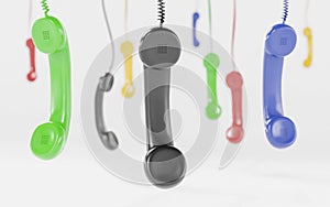 Red and multi-coloured telephone receiver hanging concept for on the phone, customer service, on hold or contact us 3d