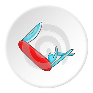 Red multifunction knife icon, cartoon style