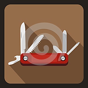Red multifunction knife icon, flat style