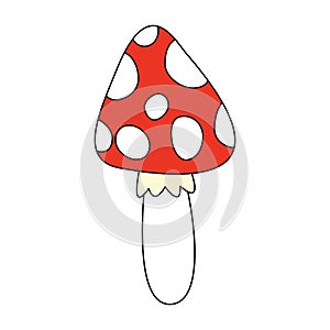 Red mushroom with white dots, Amanita poisonous, doodle style flat vector