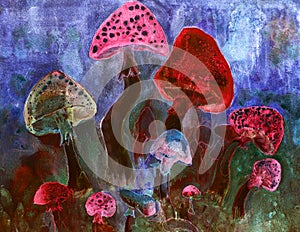 Red mushrooms during the blue hour psychedelic painting.