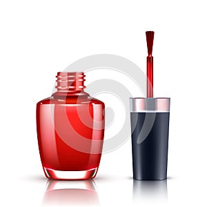 Red nail polish bottle with brush isolated