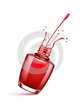 Red nail polish bottle with splash isolated
