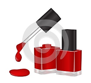 Red nail polish bottle in a transparent, open and closed. A drop of ink dripping from the brush.