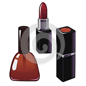 Red nail polish and red lipstick isolated on white background. Vector illustration.