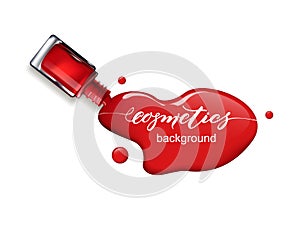 Red nail Polish spilled from the bottle.3D realistic detailed mockup. Beauty and cosmetics background. Use for