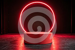 Red neon circle background with platform