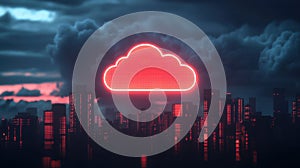 Red Neon Cloud Computing Symbol Over Night Cityscape Digital Data Storage Concept