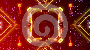 Red neon cyber background. Digital hud illustration. Red, yellow glowing lights.