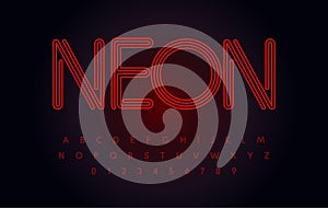 Red neon font glowing, tube letters set, outline contour alphabet. Modern night life type for casino, bar, cafe, karaoke