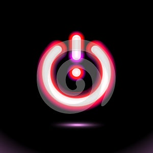 Red Neon lamp, sign, button light, On-Off switch, icon. Start, power symbol for design on black background. Modern fluorescent