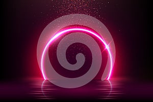 Red neon light circle with reflections on the water vector illustration. Abstract glow luminous RED ring, shiny round