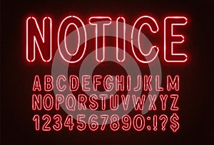 Red neon light font on a dark background.