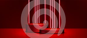Red neon light podium background and product stage