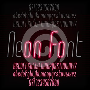 Red neon typeface. Light turn on and off. Modern oblique alphabet.