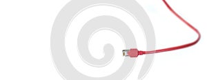 Red network plug and cable on white background,conectivity,online,networking concept,panoramic, copy space