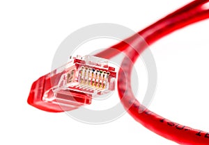 Red network UTP cable with RJ45 connector isolated on white.