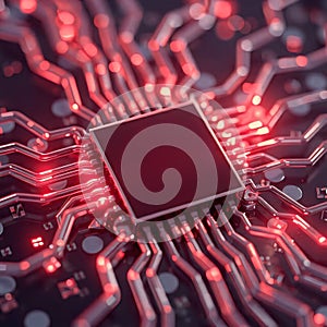 Red Neural Processor on Futuristic Circuit Board