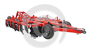 Red new farm cultivator plow for tractors isolated over white photo