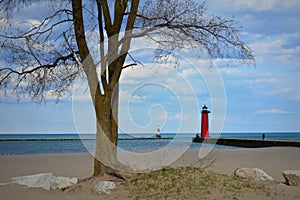 Red North Pier Lighthouse on Lake Michigan in Kenosha, WI