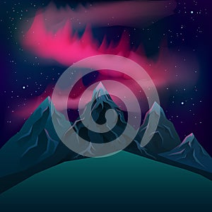 Red northern lights over mountains realistic vector night.