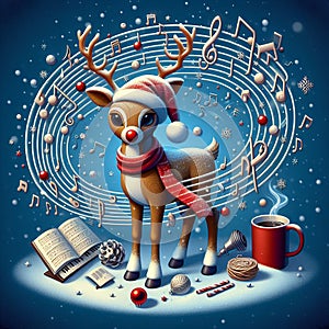 Red nosed deer Illustration, Christmas Music Notes move around the subject