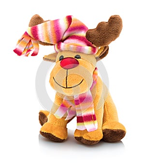 The Red-Nosed Reindeer doll isolated on white background with shadow reflection.