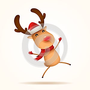 The red-nosed reindeer jumps. Isolated