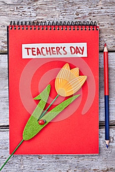 Red notebook, flower and pencil.
