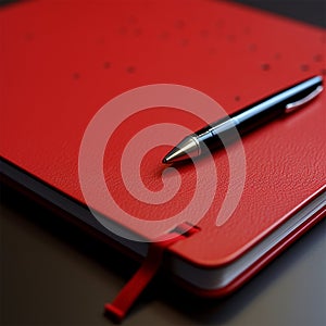 A red notes book with a pen close up genrated by AI photo