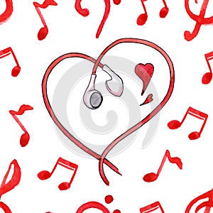 Red notes earphones hearts love music seamless pattern vector